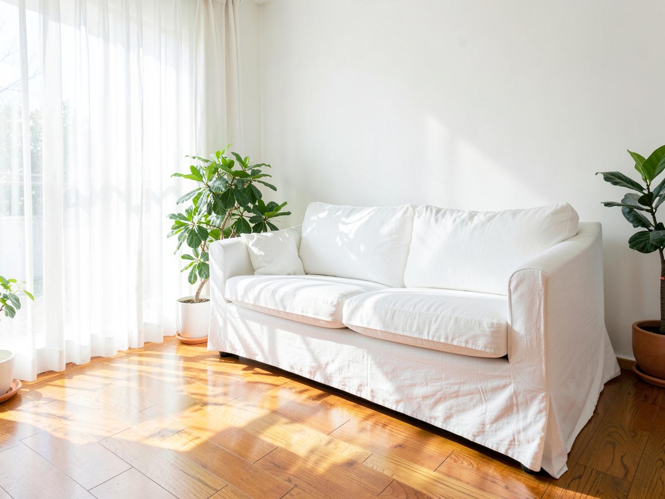 Freshly cleaned, sunlit living room with white linen sofa and oak floors
